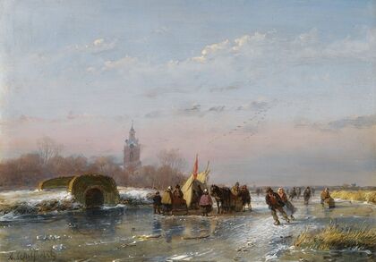 A Frozen Waterway With Skaters By A Refreshment Stall
