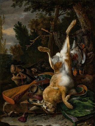 A game still life with a hung hare, a boar’s head and a musket in a landscape (1668)