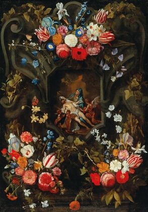 A garland of flowers surrounding a cartouche with a Pietà