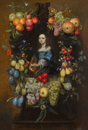 A garland of fruit and flowers surrounding a portrait of a lady in a blue dress, holding a guitar — size preview
