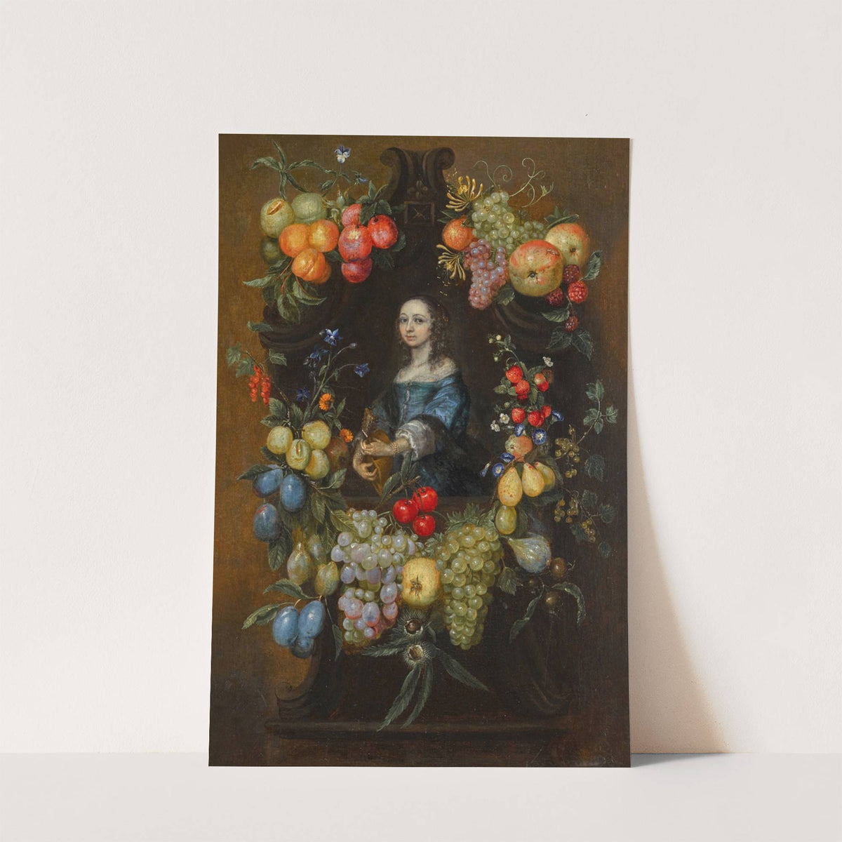 A garland of fruit and flowers surrounding a portrait of a lady in a blue dress, holding a guitar by Catarina Ykens