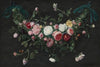 A garland of roses and ivy suspended by ribbons, with a cabbage white and a tortoiseshell butterfly
