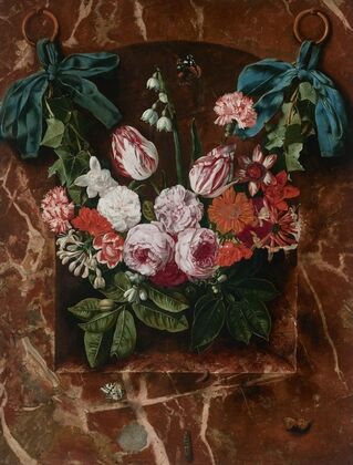 A garland of tulips, roses, lilies of the valley and other flowers, suspended from blue ribbons before a marble alcove with butterflies and caterpillars