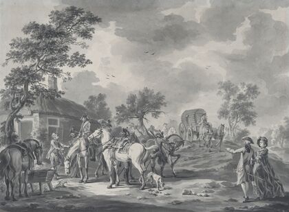 A Gathering of Horsemen and a Coach near a Watering Place