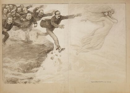 A ghostly woman, floating on bubbles, lures a crowd of men to follow her over a cliff (1904)
