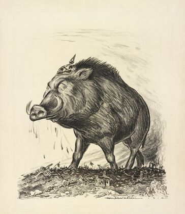 A giant boar with a Prussian helmet stands victorious on a field of battle covered with fallen soldiers. (1914)