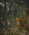 A Girl Collecting Berries By a Brook In a Wooded Landscape