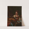 A girl playing a mandora, with a lute, a violin, a recorder, books and blue and white porcelain on a table by Cristoforo Munari