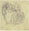A girl sits by a cradle and holds a small child on her lap with both arms, their faces nestled together