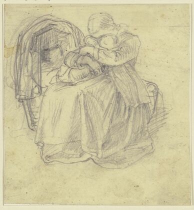 A girl sits by a cradle and holds a small child on her lap with both arms, their faces nestled together