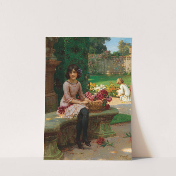 A Girl with Flowers Sitting on a Park Bench by Wilhelm Menzler