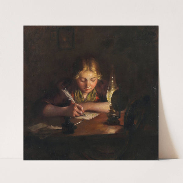 A Girl Writing by Lamp Light by Emma von Müller