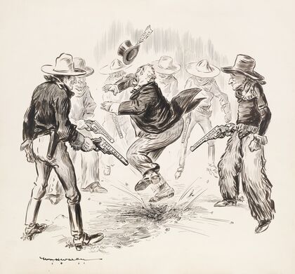 A group of cowboys surround a rich man representing high finance and fire their guns at his feet (1911)