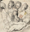 A group of elegantly coiffured ladies, Cupid, a dog and an old man in the foreground
