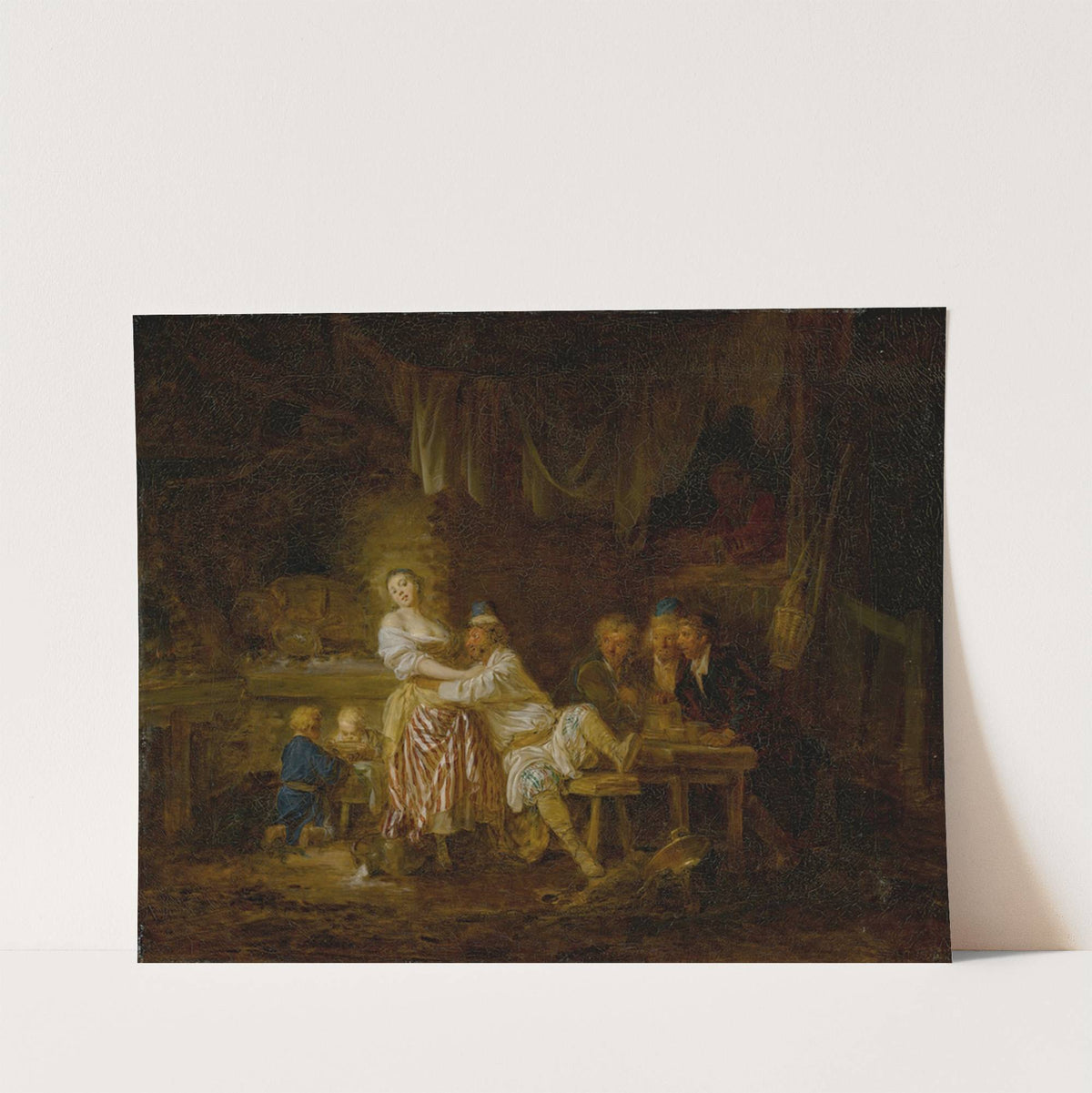 A group of figures gathered in a tavern, with a barmaid and lustful patron at center by Jean-Baptiste Leprince