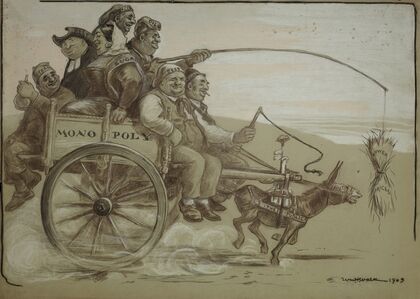 A group of large people representing various trusts ride on a wagon (monopoly) which is pulled by a small donkey (the public) (1903) — size preview