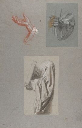 a. Hand of Saint Remi; b. Hand of Saint Remi; c. Drapery Study for Acolyte Holding Book
