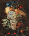 A hanging bouquet of fruit, including grapes, a pear and corn on the cob, with butterflies