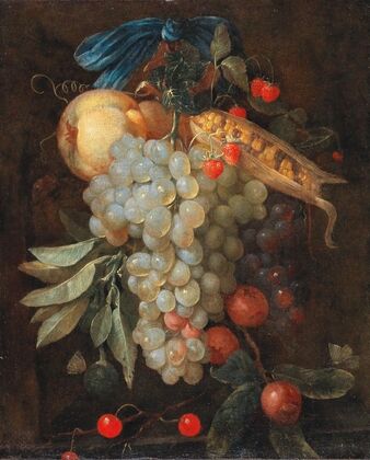 A hanging bouquet of fruit, including grapes, a pear and corn on the cob, with butterflies