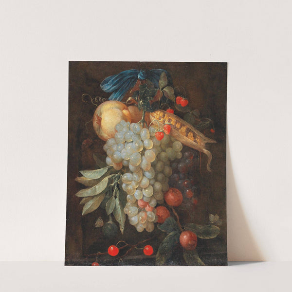 A hanging bouquet of fruit, including grapes, a pear and corn on the cob, with butterflies by Joris van Son