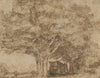 A haywain under trees, with farm buildings to the right and beyond at left