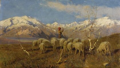 A Herder and Flock Grazing in the Alps