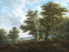 A hilly landscape with a traveller resting under a copse of oak trees