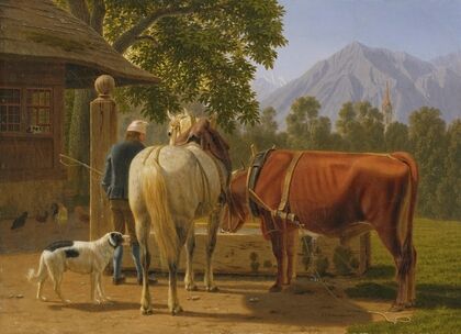 A Horse And Cow At A Well, In The Background Mountain Peak Niesen