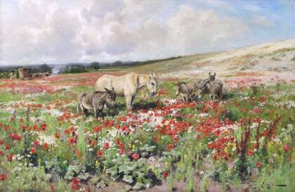 A Horse and Donkeys in a Summer Meadow with Gypsy Camp Beyond