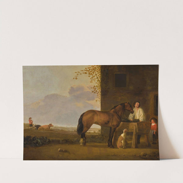 A horseman tending his horse, a cowherd with his cattle beyond by Abraham Van Calraet