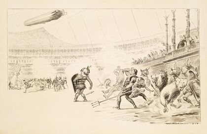 A huge gladiator fight, including men in armor, lions, and an elephant, in a crowded stadium (1909)