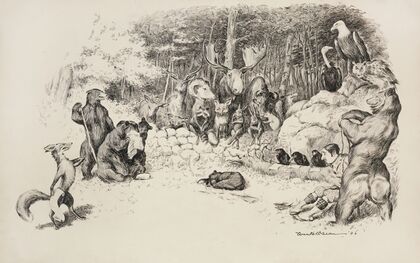 A hunter is captured by animals and placed on trial for killing a baby bear. (1896)