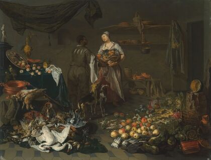 A kitchen interior with a maid and a servant conversing (1650)