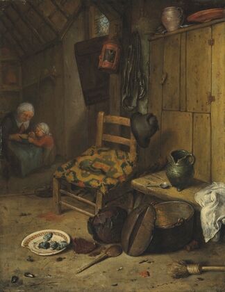 A kitchen interior with a mother and child
