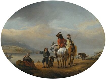 A Lady And A Gentleman On Horseback Being Shown To An Approaching Ferry By A Young Page