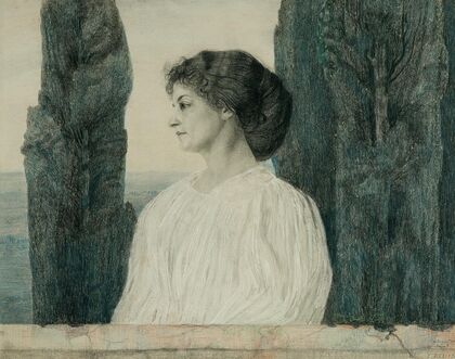 A lady in white and in profile against a southern landscape with cypresses (1898)