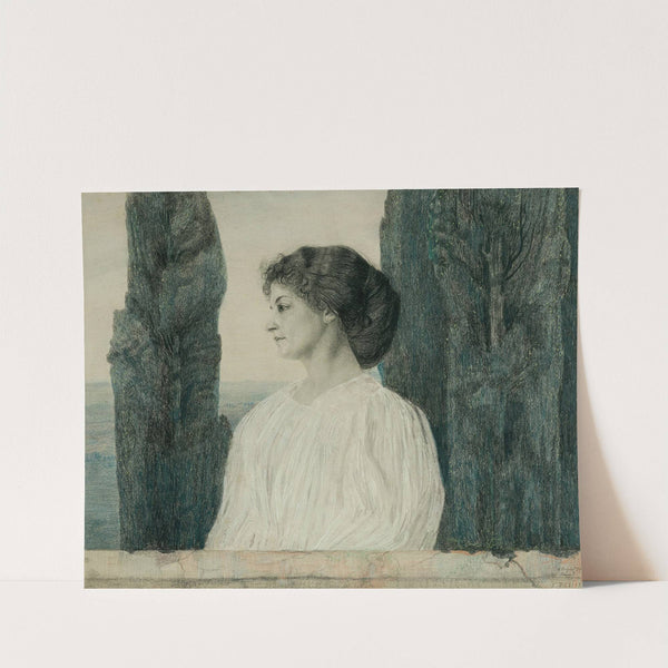 A lady in white and in profile against a southern landscape with cypresses (1898) by Emilie Mediz-Pelikan
