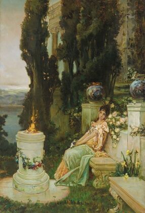 A lady on a marble bench in Ancient Rome