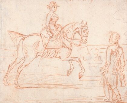 A Lady Riding Side-Saddle, Turns to Look at a Dismounted Rider