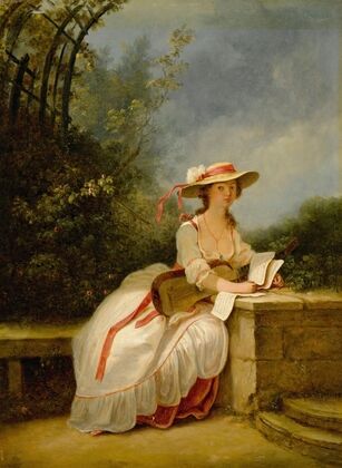 A Lady Seated In a Garden With a Guitar And Music
