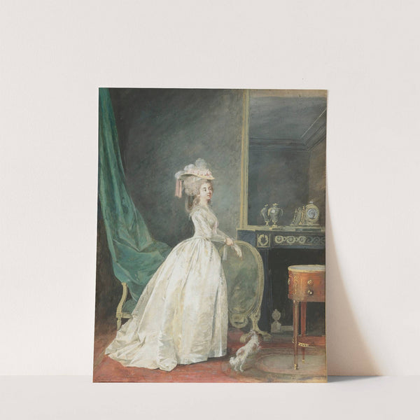 A Lady Standing In An Interior, Preparing To Go Out With Her Dog by Nicolas Lavreince