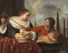 A lady with a parrot holding a basket of fruit and a young man with a flute