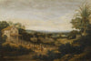 A Landscape In Brazil Looking Down On The Varzea, Europeans And Natives Approaching A Church In The Foreground