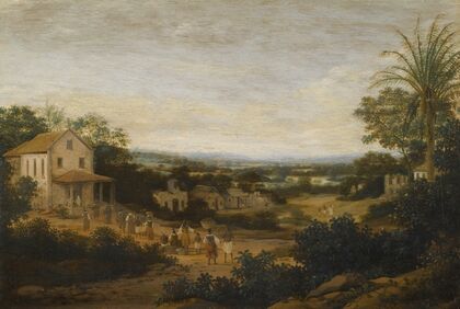 A Landscape In Brazil Looking Down On The Varzea, Europeans And Natives Approaching A Church In The Foreground