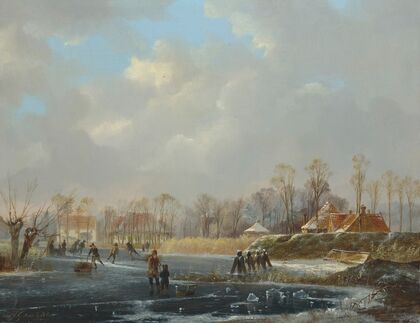 A landscape with figures on a frozen river
