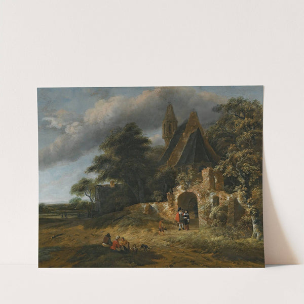 A Landscape With Figures Outside The Walls Of A Ruined Church by Salomon Rombouts