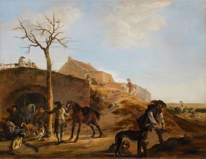 A Landscape With Sportsmen Preparing For The Hunt, Together With Their Hounds And Horses