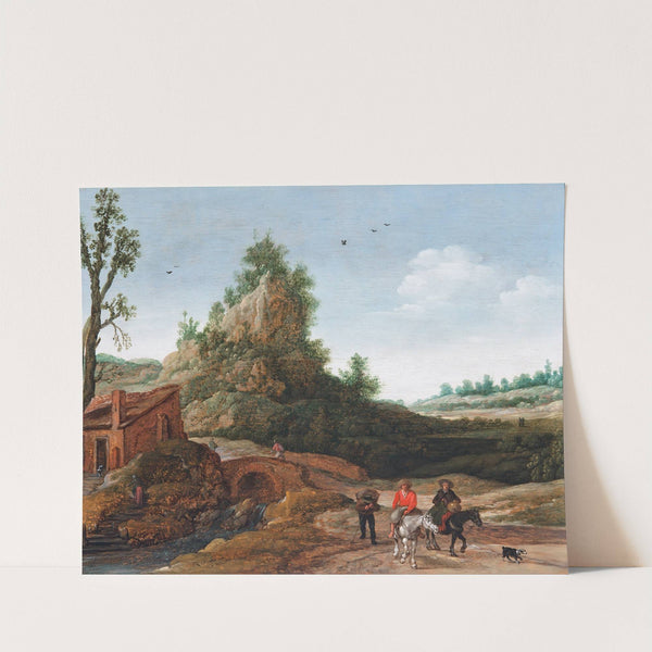 A landscape with travellers crossing a bridge before a small dwelling, horsemen in the foreground by Esaias van de Velde