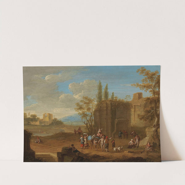 A landscape with travellers near Roman ruins by Franz de Paula Ferg