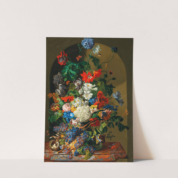 A large bouquet of flowers with a bird’s nest, butterflies and grapes by Leopold Zinnögger
